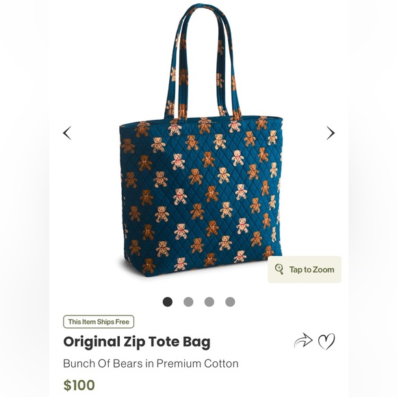 Quilted Blue Tote Bag with Teddy Bear Print - Picture 4 of 6